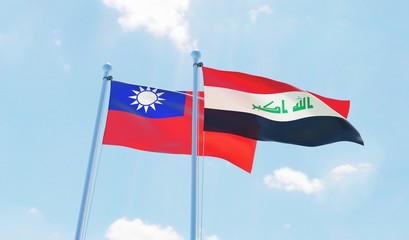 Iraq and Taiwan, two flags waving against blue sky. 3d image