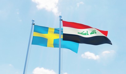 Iraq and Sweden, two flags waving against blue sky. 3d image