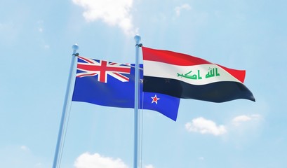 Iraq and New Zealand, two flags waving against blue sky. 3d image