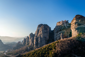 Landscape of Meteora, a rock formation in central Greece hosting one of the largest and most precipitously built complexes of Eastern Orthodox monasteries, second in importance only to Mount Athos.