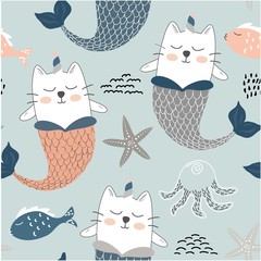 cute unicorn cat mermaids. childish seamless pattern for fabric ,textile. vector illustration