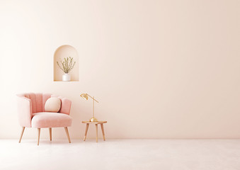 Living room interior wall mock up with pastel coral pink armchair, round pillow, lamp on table and arch shelf on empty beige wall background. 3D rendering.