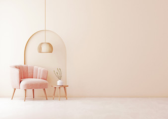 Living room interior wall mock up with pastel coral pink armchair, pendant lamp and arch on empty beige wall background. 3D rendering. - obrazy, fototapety, plakaty