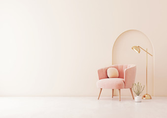 Living room interior wall mock up with pastel coral pink armchair, round pillow, lamp, plant and arch on empty beige wall background. 3D rendering.
