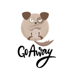 Evil funny hedgehog lies on the back with lettering hand drawn quote Go away. Modern flat illustration with textures in cartoon style on white. Humor card, t-shirt composition, hand drawn style print.