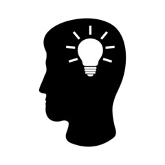 Icon of man's head and bulb. Concept of idea, discovery or intellectual insight. Vector Illustration