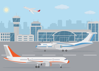 Airport building and airplanes on runway. Concept of air transport. Flat style, vector illustration. 