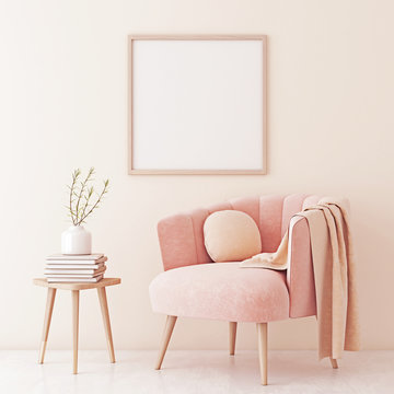 Poster mock up with square frame on empty beige wall in living room interior with pastel coral pink armchair and plant on table. 3D rendering.