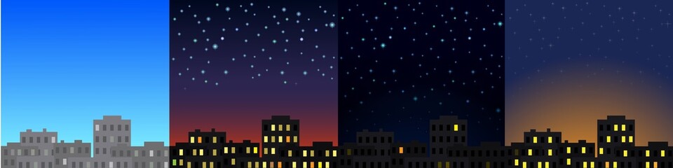 Morning, afternoon, evening and night city landscape.
