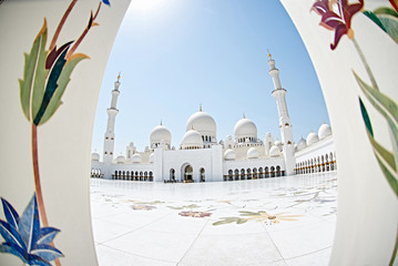 beautiful sheikh zayed grand mosque sunny fisheye - obrazy, fototapety, plakaty