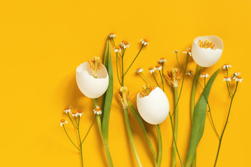 Spring Easter flowers made of eggshell on yellow