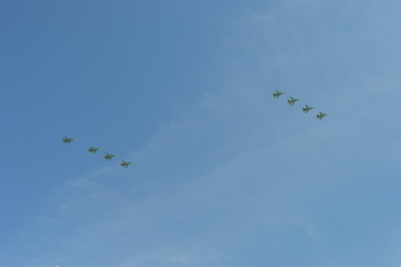 flock of birds flying in blue sky with clouds