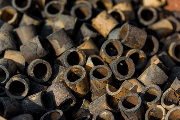 Cut metal pipes. Pipe cutting. Carbon dioxide production plant. Colorless gas. Gas withdrawal....