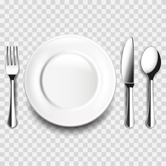 Plate and cutlery on white table isolated vector illustration