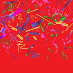 Obraz premium Colorful colored confetti on a red background. 