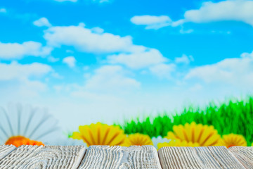 White wooden table with free space on nature background - flowers, lawn and blue sky