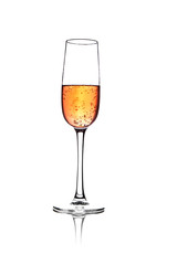 Rose pink champagne glass with bubbles isolated on white background