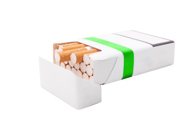 Open green pack of cigarettes isolated on white