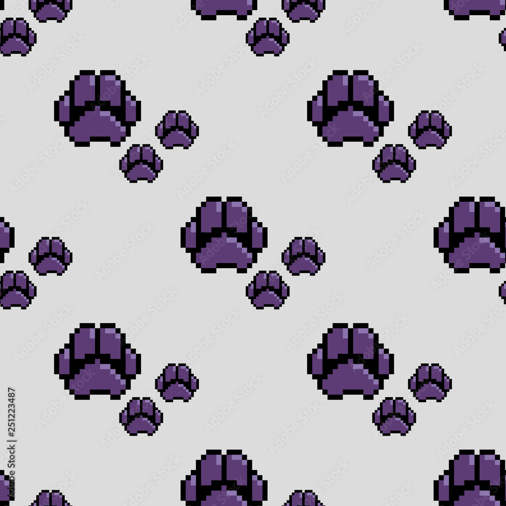 Aufkleber paw print seamless pattern. vector background. pixel art style. 8bit.