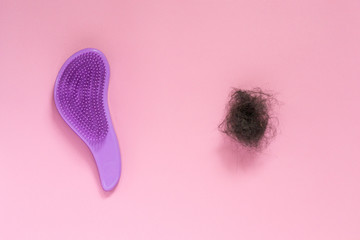 Hair falling after combing hair. Woman problem of losing hair on brush. - obrazy, fototapety, plakaty
