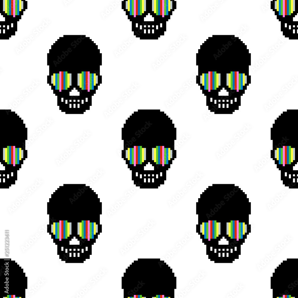 Poster vector of pixel art skull texture. seamless pattern of skull. 8 bit.