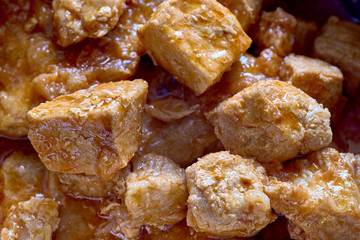 pork goulash with sauce, diced pork meat with sauce