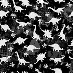 Cute kids dinosaurs pattern for girls and boys. Colorful dinosaurs on the abstract grunge background.. The dinosaurs pattern is made in neon colors. Urban pattern. backdrop for textile and fabric.