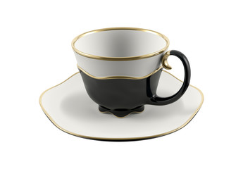 Isolated antique porcelain cup with gold on white background. 3D Illustration.