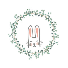 Easter Eucalyptus Wreath with a Sweet Bunny. Vector illustration