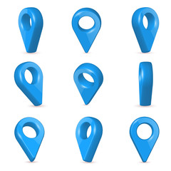 Creative vector illustration of locator, pin realistic 3d map pointers in various angle isolated on transparent background. Art design location symbols template. Abstract concept navigation element
