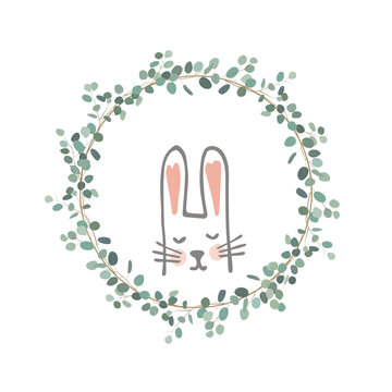 Easter Eucalyptus Wreath with a Sweet Bunny. Vector illustration