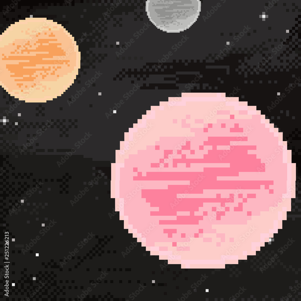 Aufkleber vector of starry sky in retro pixel art style. planet, jupiter, spaceship. pixel art game location. 