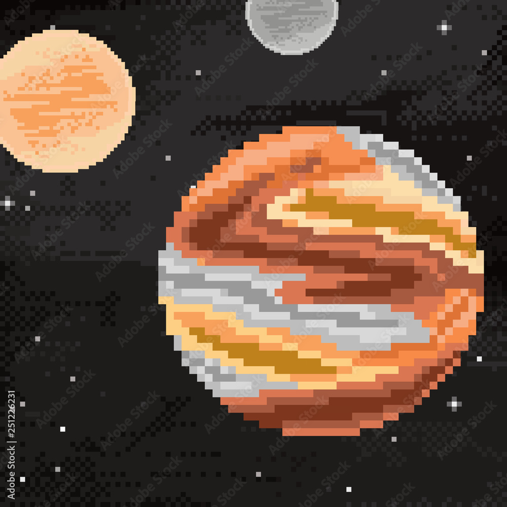 Aufkleber vector of starry sky in retro pixel art style. planet, jupiter, spaceship. pixel art game location. 