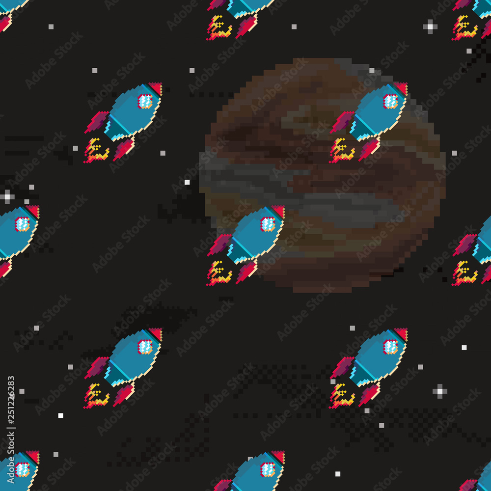 Poster retro space pattern with rockets. hand drawn cosmos seamless vector background. pixel art. 8 bit