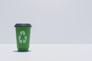 Coffee to go green with recycling symbol on white background