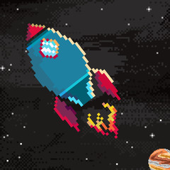 Vector of starry sky in retro pixel art style. Planet, Jupiter, spaceship. Pixel art game location. 8 bit background. 