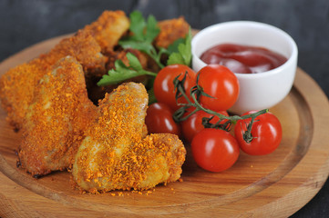 Chicken wings in crispy breading on a wooden board. The composition is complemented with cherry tomatoes, parsley and a cup with ketchup sauce. Close-up. Macro shooting.