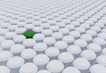 Fototapeta premium many coffe 2 go cups, bird view, one in green