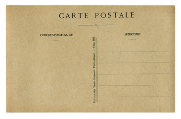 Back of historical French postcard blank card with correspondence and address boxes on brown old paper,  world war one 1914-1918. France