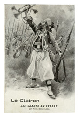 French historical postcard: The old bugler leads the soldiers to the attack with a rifle with a...
