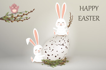 Happy Easter. Easter Rabbit Bunny with realistic egg on gray gackground. Cute, funny cartoon rabbits character with Paschal egg. Design template for Banner, flyer, invitation, greeting card,poster.
