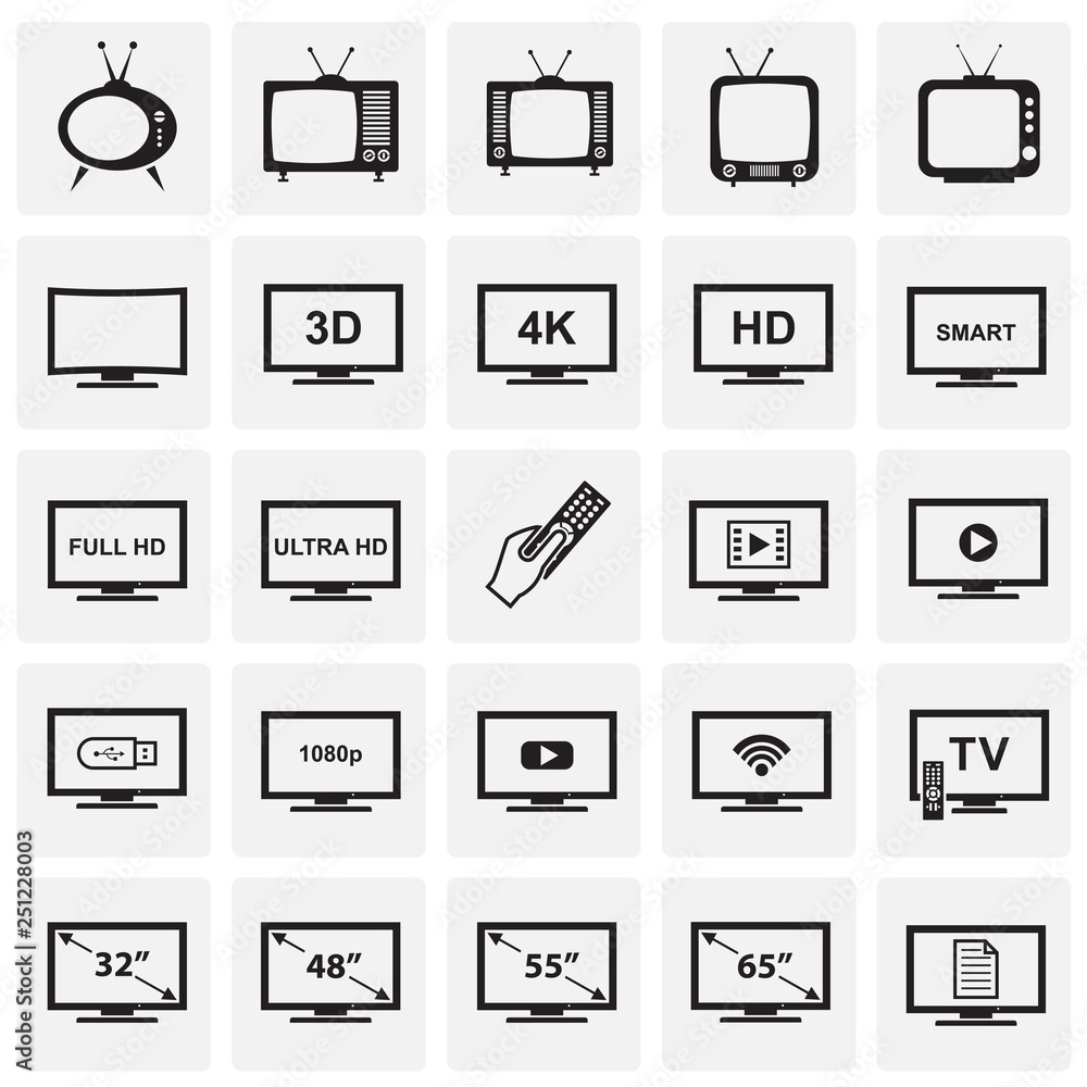 Poster tv icons set on squares background for graphic and web design, modern simple vector sign. internet c