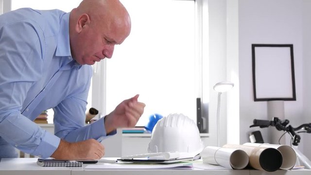 Tired Engineer Finish Late Work Take the Helmet and Leave the Architect Office