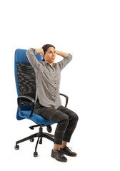 Woman sitting on the office chair and doing head moves