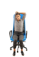 Woman making streching moves while she is sitting on the office chair