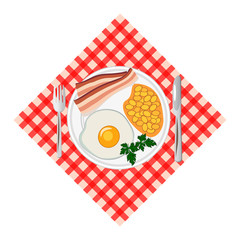 Traditional breakfast with fried egg, bacon, beans. Top view. Vector illustration.