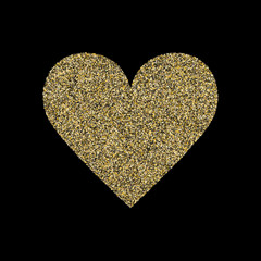 Gold sparkles glitter dust metallic confetti heart vector background.