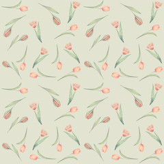 Seamless pattern hand-drawn watercolor. Spring pink tulips