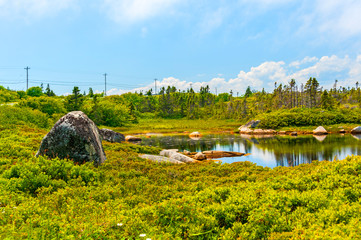View of Peggy Cove preservation areas, along Highway 333 and coastline St. Margaret Bay in Nova...