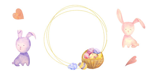 Watercolor drawn set with elements of happy easter. Frame, rabbit, eggs, isolated on white. for greeting card or logo